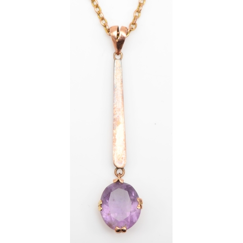 378 - A 9ct rose gold amethyst drop pendant, on chain, 45mm, 4gm.