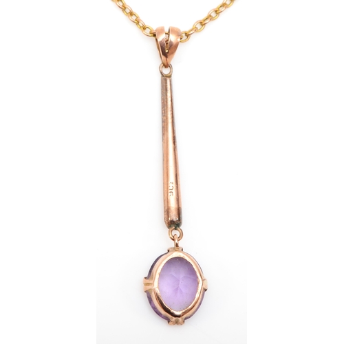 378 - A 9ct rose gold amethyst drop pendant, on chain, 45mm, 4gm.