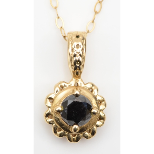 388 - A 9ct gold brilliant cut black diamond pendant, on chain, 16 x 8mm, 1.7gm.