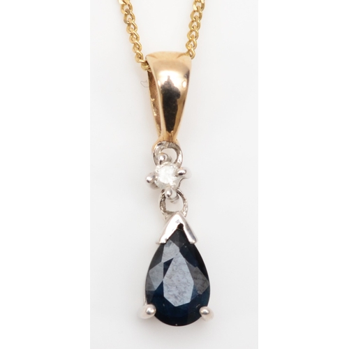 391 - A 9ct gold pear cut sapphire and diamond pendant, on fine link chain, 17mm, 1.2gm