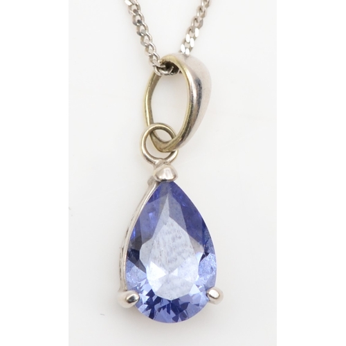 394 - An unmarked white gold blue cubic zirconia drop pendant, on chain, 15mm, 1.3gm.