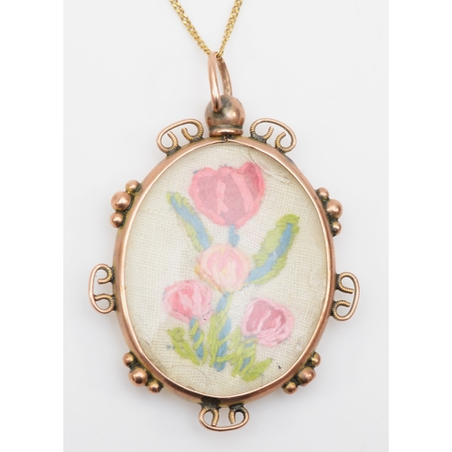 396 - A C. 1900 unmarked gold floral embroidered pendant, on chain , 27 x 39mm, 6.1gm.