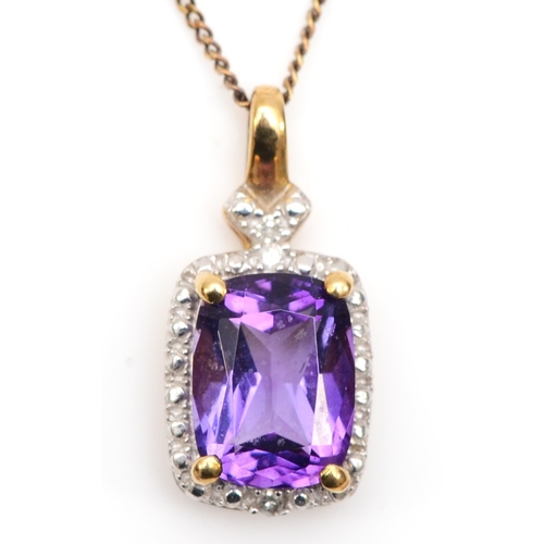 397 - A 9ct gold amethyst and diamond pendant, on chain, 16 x 7mm, 1.9gm.