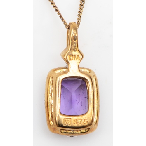 397 - A 9ct gold amethyst and diamond pendant, on chain, 16 x 7mm, 1.9gm.