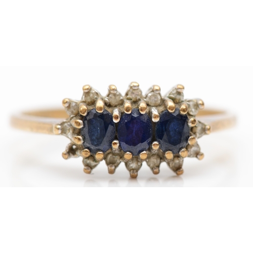 407 - A 9ct gold sapphire and eight cut diamond cluster ring, S, 2.4gm.