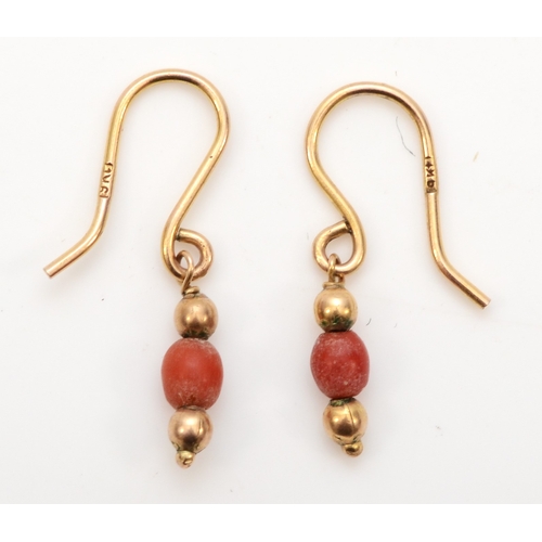 434 - A pair of 9kt gold coral drop earrings, 22mm, 0.7gm.