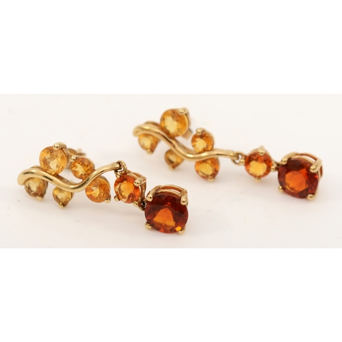 438 - A pair of 9ct gold citrine drop earrings, 27mm, 2.7gm.