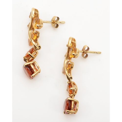 438 - A pair of 9ct gold citrine drop earrings, 27mm, 2.7gm.