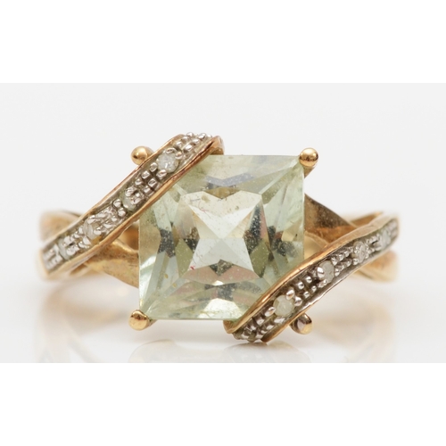 480 - A 9ct gold prasiolite and diamond cocktail dress ring, J-K, 3.5gm.