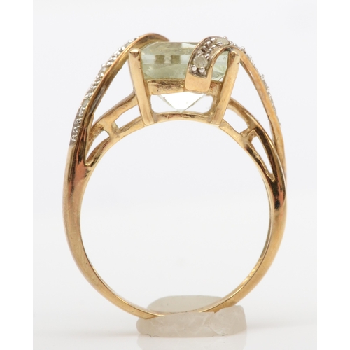 480 - A 9ct gold prasiolite and diamond cocktail dress ring, J-K, 3.5gm.