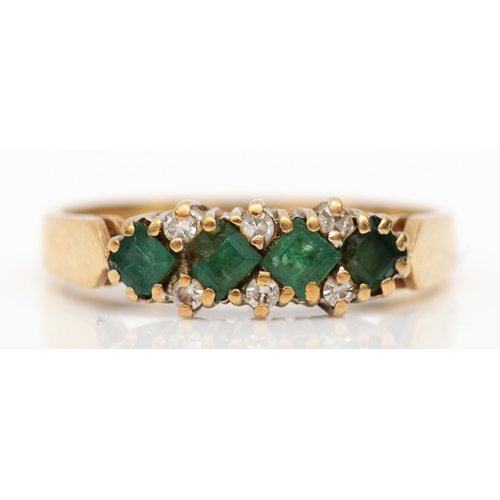 484 - A 9ct gold emerald and diamond dress ring, O, 2.3gm.