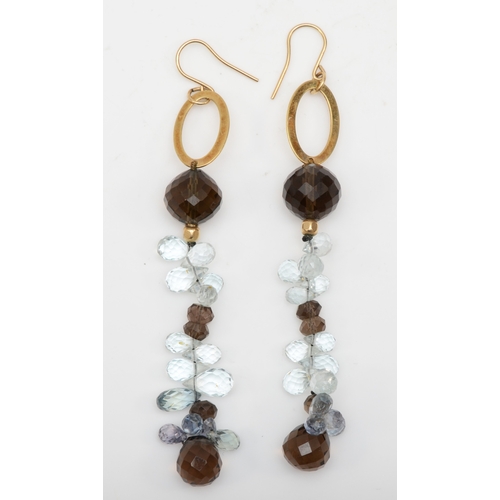 527 - A pair of unmarked gold smokey quartz and aquamarine drop earrings, 77mm, 8.7gm.