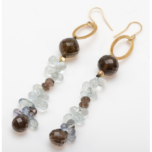 527 - A pair of unmarked gold smokey quartz and aquamarine drop earrings, 77mm, 8.7gm.