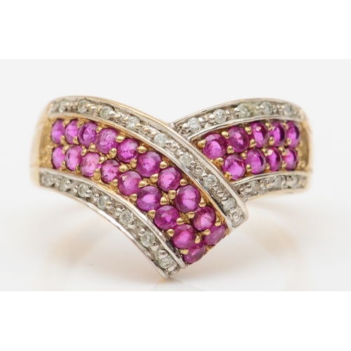 568 - A 9ct gold ruby and eight cut diamond cluster ring, N-O, 3.6gm.