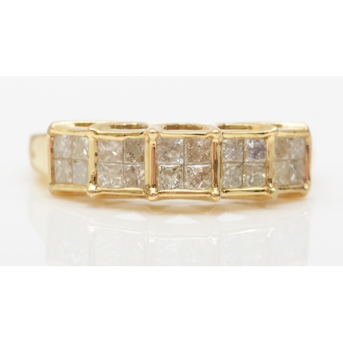 574 - A 9ct gold square cut diamond dress ring, O, 2.8gm.