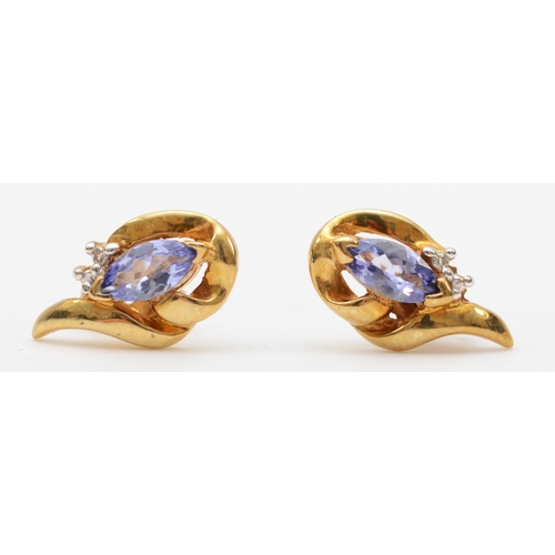 585 - A pair of 9k gold tanzanite and diamond stud earrings, 12mm, 1.8gm.