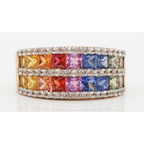 587 - A 9ct gold multi coloured sapphire dress ring, M, 6.3gm.