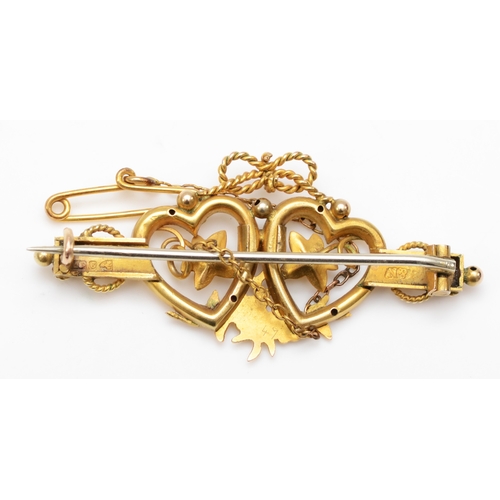 588 - A Victorian 9ct gold floral and heart brooch, Chester, base metal pin, 46 x 21mm, 3.6gm.