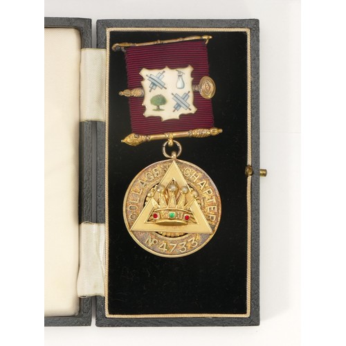 78 - A silver gilt and enamel Collagen Chapter No 4733 jewell, 35gm, an Edwardian oak and silver mounted ... 