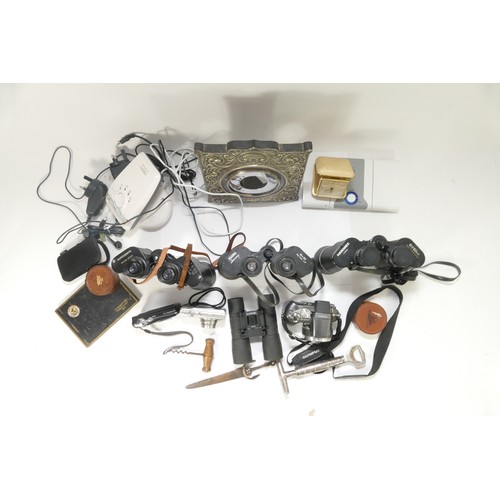 101 - A selection of electrical items, with cased & uncased binoculars, an Olympus SP-55OUZ, a Canon IXUS ... 