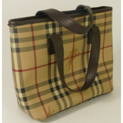 306 - Burberry handbag, classic check branding with short leather handles. one internal zip pocket with st... 