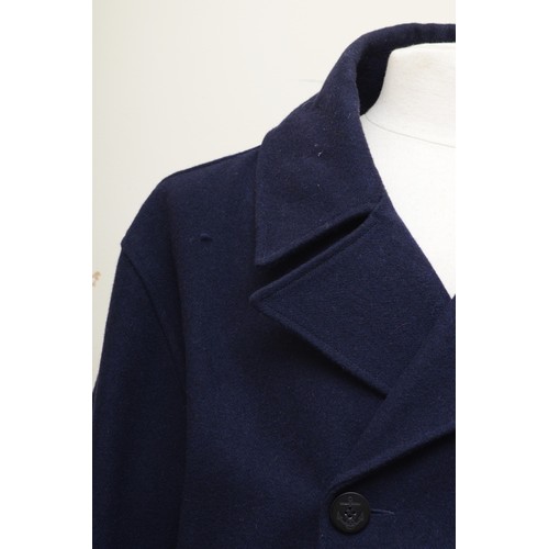 249 - Montgomery, men's lined reefer coat, navy with anchor embossed buttons. 75% wool, 25% polyester. siz... 