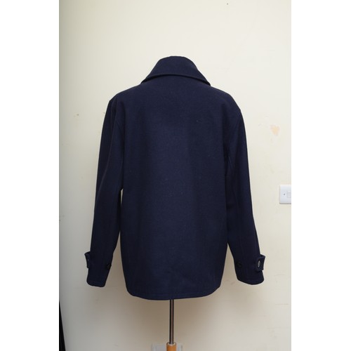 249 - Montgomery, men's lined reefer coat, navy with anchor embossed buttons. 75% wool, 25% polyester. siz... 