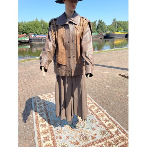 296 - Ladies 1980's, CiBi Beige leather matching skirt and jacket, made to measure, skirt waist 80cm, leng... 