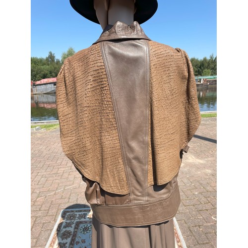 296 - Ladies 1980's, CiBi Beige leather matching skirt and jacket, made to measure, skirt waist 80cm, leng... 