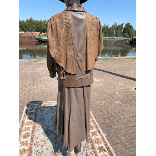 296 - Ladies 1980's, CiBi Beige leather matching skirt and jacket, made to measure, skirt waist 80cm, leng... 