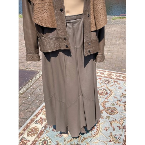 296 - Ladies 1980's, CiBi Beige leather matching skirt and jacket, made to measure, skirt waist 80cm, leng... 