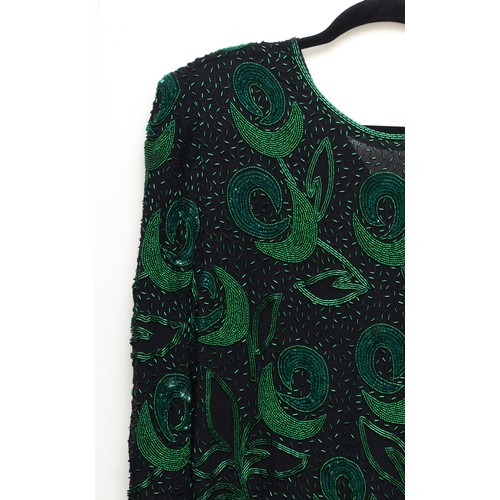 300 - Ladies 'Serenade' black and green beaded top, silk lined, size Large. Length from shoulder 25