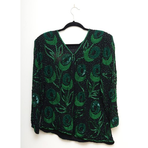 300 - Ladies 'Serenade' black and green beaded top, silk lined, size Large. Length from shoulder 25