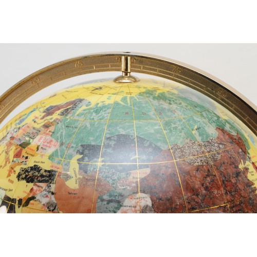 104 - A large terrestrial world globe on gimbal cast brass frame, set with semi precious stones and minera... 