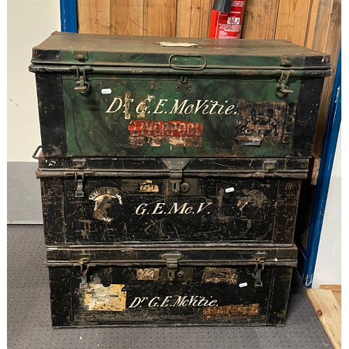 106 - Three late 19th century painted metal storage containers, 78x40cm.