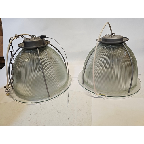 111 - Two pairs of holophane industrial ceiling lamps with glass shades and fittings, 30cm diameter, 40cm ... 