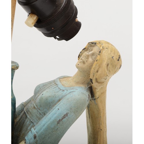 140 - A 20th century cold painted pewter figural table lamp, cast in the form a lady holding a vase, 24cm ... 