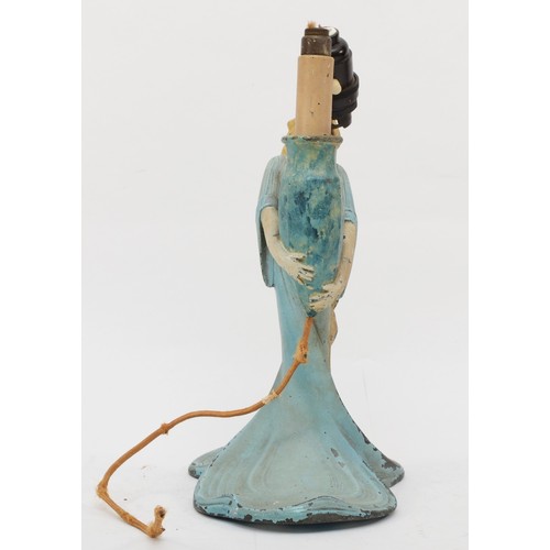 140 - A 20th century cold painted pewter figural table lamp, cast in the form a lady holding a vase, 24cm ... 