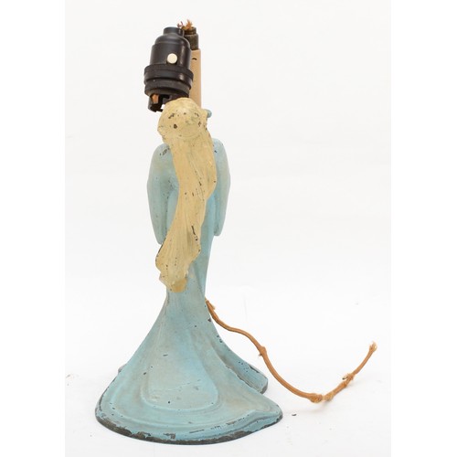 140 - A 20th century cold painted pewter figural table lamp, cast in the form a lady holding a vase, 24cm ... 