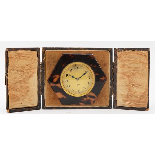 A 1930s Art Deco Swiss 8 day hexagonal tortoiseshell cased easel clock ...