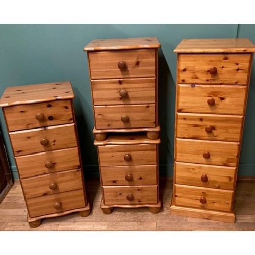 A pair of pine three height chest of drawers, H58, W43, D39cm, together