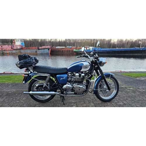 2006 Triumph Bonneville, 790cc. Registration number YN06 DHV. Frame number SMTTJ910TM5221524. Engine number 222459.
Sold with the V5C, old MOT's, two keys, owners manual, history folder and fabric panniers.
The T100 continues in the tradition of its predecessors, offering impressive power, and its oft-imitated aesthetic lines. The power chassis remains consistent from the previous year with a capable, 790cc parallel-twin engine and frame-hugging dual exhaust. This design ensures maximum performance and horsepower from each cylinder.
Triumph has done an excellent job in maintaining the classic look of this bike – the original model was produced in 1959. The pop culture status of the Bonneville has been sustained for a half century, and after one ride on the 2006 model, it is easy to see why. This bike is maneuverable, relaxed, comfortable, quick, fast, and a host of adjectives that equate to supreme enjoyment when riding. 
DHV has had three owners, the first being Mike Smith, serviced at 891 miles, then in 2007, at 9,254 miles in 2008, after that there are several receipts for parts on file.  In 2016 he sold it to Simon Preedy and our vendor bought it in 2017. MOT's on file go from 2009 at 14,058 miles through to the last one in 2016 at 41,098 miles. Today the odometer reads 41,727 miles. Our vendor has always stored it indoors but hardly ridden it and now decided it is time to move it on. It has been fired up occasionally during his ownership.