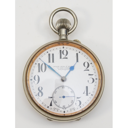 77 - A vintage silver plated cased key less wind open faced pocket watch, Wray Son & Perry, 38 New Street... 