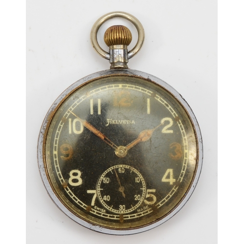 78 - A Halvetia WW2 silver plated British army issued key less wind pocket watch, the black dial set with... 