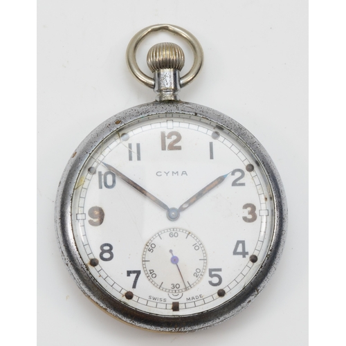 79 - A CYMA WW2 British army issued chrome plated key less wind pocket watch, the enameled dial set with ... 