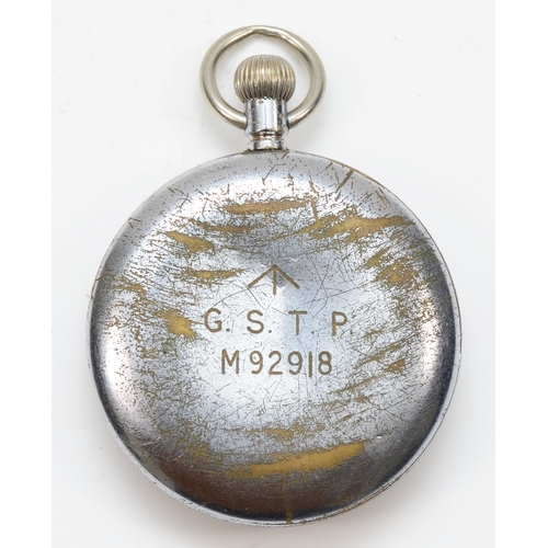 79 - A CYMA WW2 British army issued chrome plated key less wind pocket watch, the enameled dial set with ... 