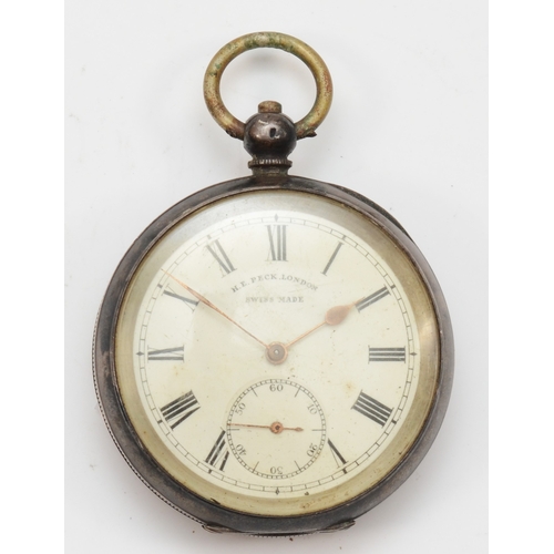 81 - H.E. Peck, London, a 935 silver cased open faced key wind pocket watch, the enameled dial set with A... 