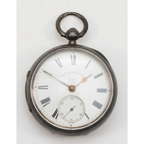 84 - Thomas Russel & Son, a silver cased open faced key wind pocket watch, Chester 1891, the enameled dia... 