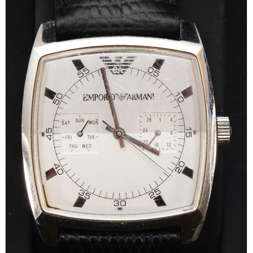 93 - Emporio Armani, a stainless steel rectangular dial Gentleman's chronograph wristwatch, leather strap... 