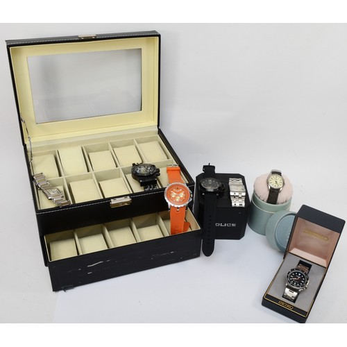 100 - A simulated leather watch box with 20 spaces, 16.5 x 18.5 x 20.5cm, together with various fashion wa... 